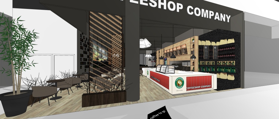 Polyfunkčné centrum Terasy Zamkowe, Lublin, Poľsko: kaviareň vystihuje čierna OSB stena a lamelové vertikálne paravany