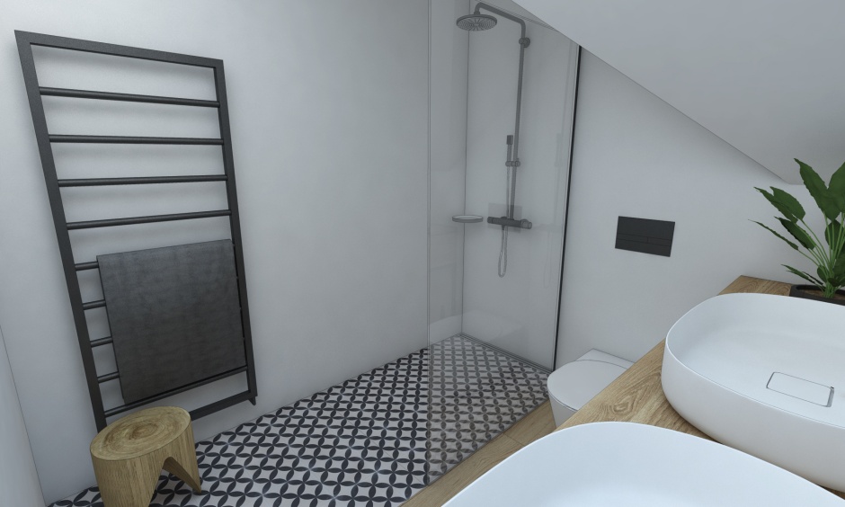 kúpelňa rodičov v trochu komplikovanom podkrovnom priestore potrebovala hlavne dostatočný priestor medzi zariaďovacími predmetmi